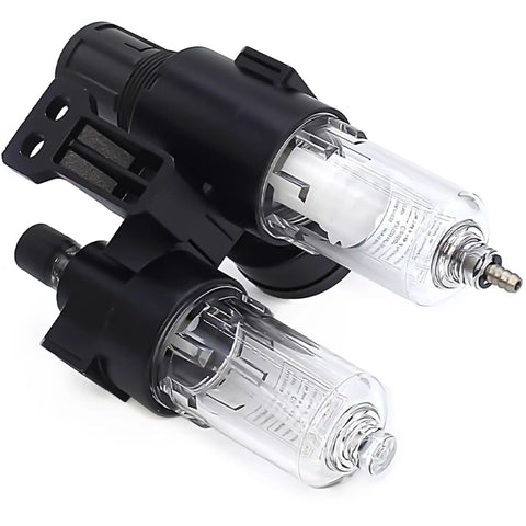 Pro Grade Compressed Air 3 In 1 Filter Regulator Lubricator With Gauge Auto And Semi Auto Drain 1/4 Inch NPT, clear cylinders, black housing