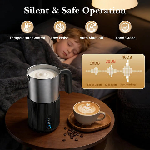 Boss Level Milk Frother And Steamer 4 In 1 Instant Foamer on table with coffee cup in cozy room setting