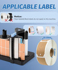 Workhorse Portable Label Dispenser With Dual Sensors And Three Speed Modes For Shipping Packages Includes Rechargeable Battery, showing label compatibility details.