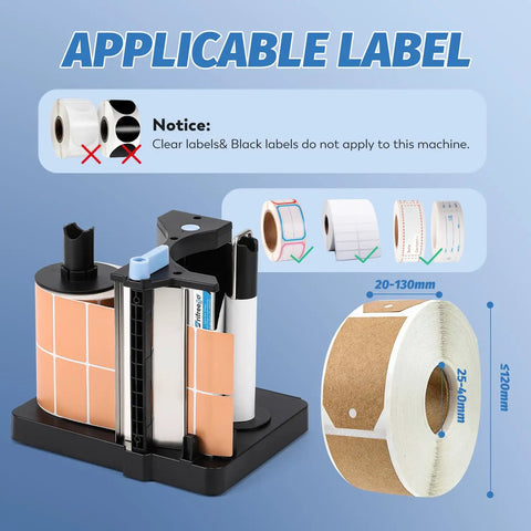Workhorse Portable Label Dispenser With Dual Sensors And Three Speed Modes For Shipping Packages Includes Rechargeable Battery, showing label compatibility details.