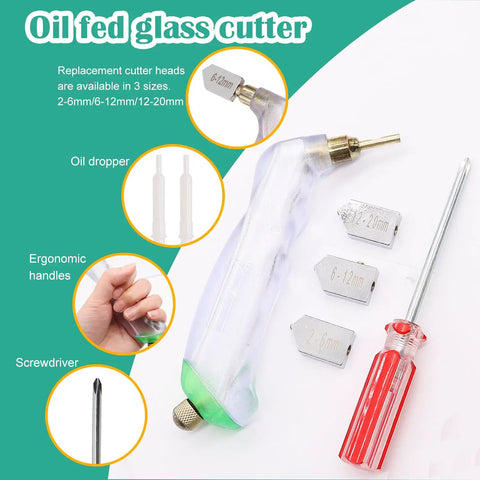 Pistol type oil fed cutter with interchangeable heads, oil tube, screwdriver from the All In One Glass Cutting Kit for Stained Glass Projects.