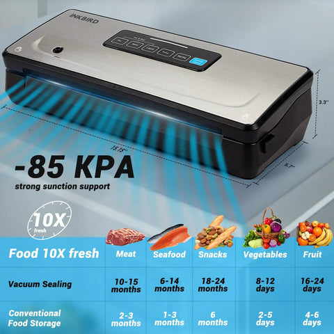 Ten In One Food Vacuum Sealer With Built In Bag Storage Up To Twenty Feet And Cutter Moist Dry And Canister Modes Starter Kit Bags And Roll 85KPa Power Vacuum For Fresh Food Preservation with strong suction support displayed.