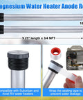 All In One RV Water Heater Maintenance Kit With 4 Piece Anode Rod Electric Heater Element Dual Hex Wrench And Tape Replacement Kit For Suburban RV Parts Road Trip Ready Hot Water Upgrade With No Fuss shown with anode rods, sealing tape, and Suburban system compatibility.