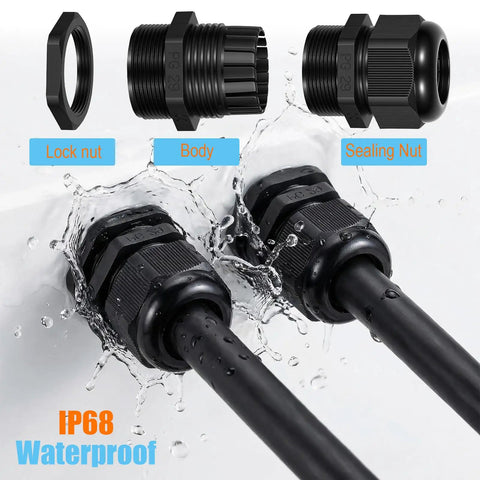 72 Piece Cable Glands Kit With Waterproof Strain Relief For Cables And Pass Through Grommets IP68 in water demonstration