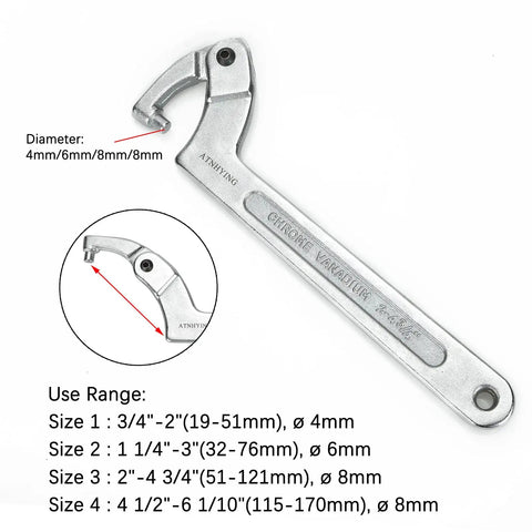 Close-up of 4 Piece Adjustable Spanner Wrench Set With Round Head Hooks, C Pin Wrenches for 19mm to 170mm range in use angles.