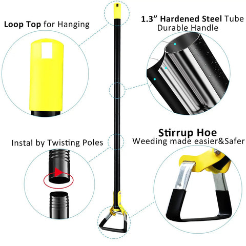 Adjustable Long Handle Stirrup Hoe For Snag Free Weeding And Yard Work Cultivation, 30 To 61 Inch Heavy Duty Push Pull Garden Tool