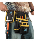 Adjustable Tool Waist Belt With 26 Pockets And Strong Magnets For Holding Hammers Tape Measures Screwdrivers Drills And More On Job Sites Or Home Projects Built From Thick Abrasion Resistant Canvas For Daily Heavy Duty Use, black and yellow canvas, with hammer and tools