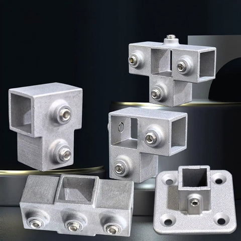 Heavy Duty Three Way Elbow Pipe Connector For Industrial Shelving And Fence Rails Made Of Super Strong Aluminum Alloy For Solid DIY Storage Build, showing multiple angles.