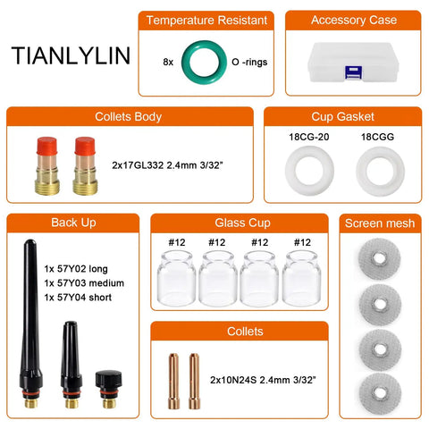 Components of 25 Piece TIG Stubby Gas Lens Nozzle Kit For WP 17 18 26 Welding Torch 3 32 Inch Tips Accessories Pack