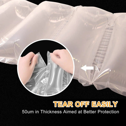 Close-up of air pillows showing tear-off feature, part of Air Pillows For Shipping With Pump Pack Of 400 Count Inflatable Packing Air Bags Alternative To Packing Peanuts 3.54 By 7.87 Inches No Air Cushion Machine Needed Easy Inflate Keeps Items Protected.