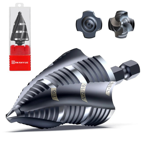 Cobalt Step Drill Set M35 Four Groove Spiral Flute 19 Step Size From One Quarter To One And Three Eighths Inch For Stainless Steel