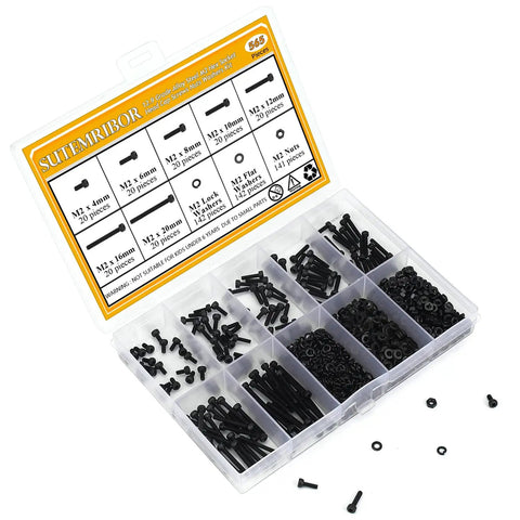 565 Piece M2 Hex Socket Head Cap Screws Nuts Washers Set Black Fully Threaded With M2 Four To Twenty Millimeter Sizes Lock And Flat Washers 12.9 Grade Alloy Steel The Go To Kit For DIY Projects And Repairs in a compartmentalized clear box