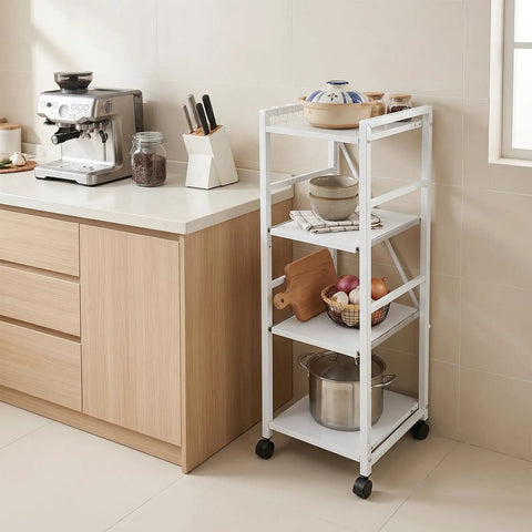 White 4 Tier Rolling Kitchen Cart With Pull Out Shelf Adjustable Middle Racks And Secure Locking Wheels Microwave Stand in modern kitchen setting.