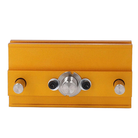 Front view of self centering doweling jig kit with silver finish, showing adjustable width and bushings for precise hole drilling in wood.