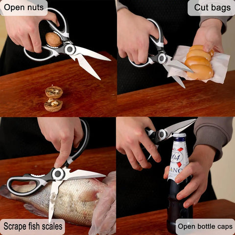 Three Pack Kitchen Scissors Set With Two Large Multi Purpose Scissors And One Curved Seafood Scissors For Chopping Meat Poultry Veggies And Seafood Heavy Duty Sharp Durable Kitchen Shears You Can Count On, stainless steel, cutting fish scales and bottle caps