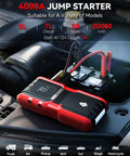 Heavy Duty 4000A Jump Starter With 20000mAh Power Bank Portable Car Battery Booster Pack Type C Quick Charge 12V Lithium Jump Starter For Cars Up To 8 Liter Gas And 7 Liter Diesel Engines Beast Mode Emergency Power On The Go on car engine