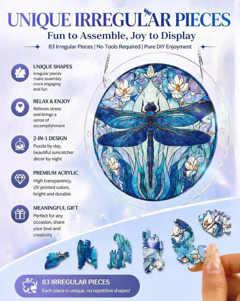 Acrylic Sun Catcher Puzzle Kit With 83 Pieces, DIY Stained Glass Style Suncatcher For Windows, detailed view of pieces and design.