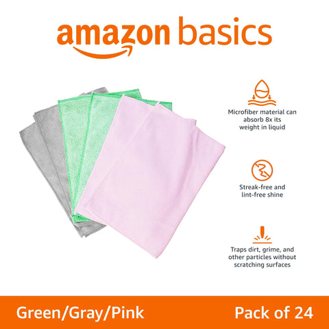 Ultra Soft Microfiber Cleaning Cloths 24-Pack For Cars And Glass, Streak Free And Lint Free, Green Gray Pink Towels Displayed