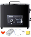 Heavy Duty 6 Liter Ultrasonic Cleaner With Digital Timer And Heater, stainless steel tank with control panel and accessories.