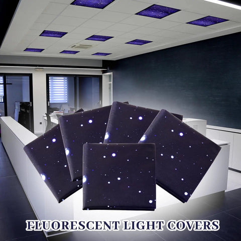10 Pack Fluorescent Light Covers For 2 By 4 Ft Ceilings Magnetic Mount Ceiling Light Shields For Classrooms, Offices And Homes Drop Ceiling Decor With Starry Sky Pattern shown in an office setting.