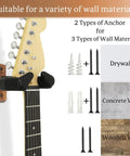 Auto Lock Guitar Wall Mount With Black Walnut Wood Hanger showing installation on various wall materials with anchors