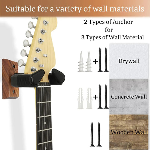 Auto Lock Guitar Wall Mount With Black Walnut Wood Hanger showing installation on various wall materials with anchors