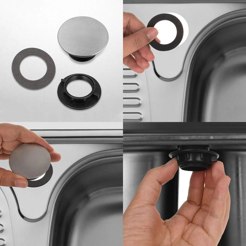 Brushed Stainless Steel Faucet Hole Cover For Kitchen Sink, Rustproof Premium Faucet Hole Cap, shown with components and installation