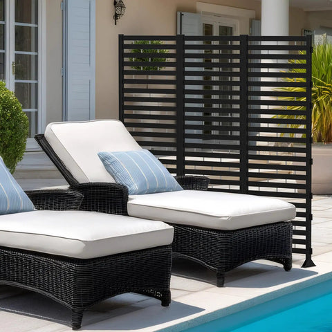 12 Pack Plastic Fence Panels Privacy Screen For Backyard Patio Balcony No Tools Required Modular Garden Fence Enclosures For Pool Equipment Air Conditioner Trash Cans And More Black behind patio chairs