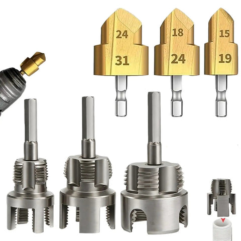 Professional PPR Pipe Threading And Reaming Tool Kit with quick change stepped bits for 1/2, 3/4, and 1 inch PVC plumbing pipe.