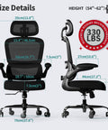 Size details of Ergonomic Mesh Office Chair With Wheels For Home Office, 330 Lb Capacity, Adjustable Lumbar Support shown with dimensions.