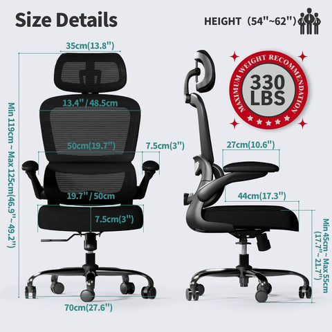 Size details of Ergonomic Mesh Office Chair With Wheels For Home Office, 330 Lb Capacity, Adjustable Lumbar Support shown with dimensions.