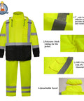High Visibility Yellow Rain Gear For Men, ANSI Class 3 Reflective Rain Coat And Pants Set with detachable hood and mesh lining.
