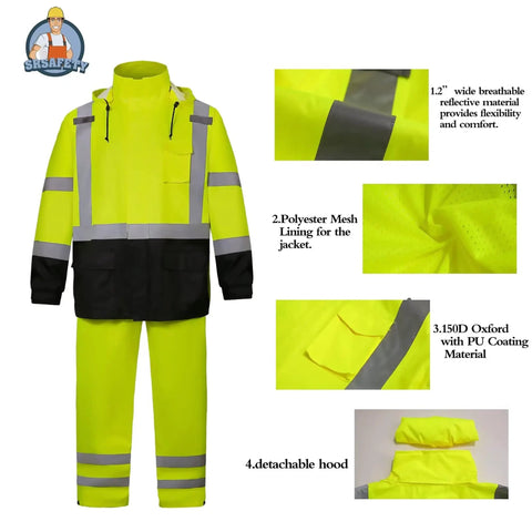High Visibility Class 3 Work Rain Gear for Men waterproof rain suit with breathable Oxford polyester, PU coating, and reflective strips