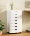Seven Drawer Rolling Storage Cabinet With Smooth Gliding Casters, Compact White Wood Organizer for under desk use.