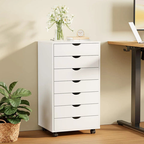 Seven Drawer Rolling Storage Cabinet With Smooth Gliding Casters, Compact White Wood Organizer for under desk use.
