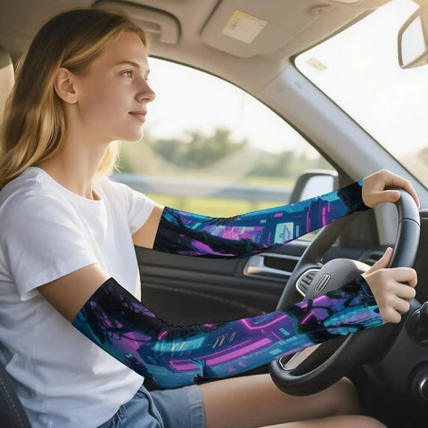 Chill Out Ice Silk Arm Sleeves Delivering Butter Smooth Compression And Ultimate Sun Shield Protection Stretchy Sleeve Guards For Running Golf And Weekend Vibes while driving.