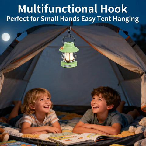 Two kids in a tent with Kid Friendly Lantern With Three Color Modes And USB C Charging hung above them.