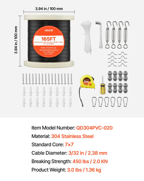 Heavy Duty 165 Ft 304 Stainless Steel Wire Cable 7x7 Three Thirty-Second Inch For String Light Hanging Kit Waterproof PVC Jacket