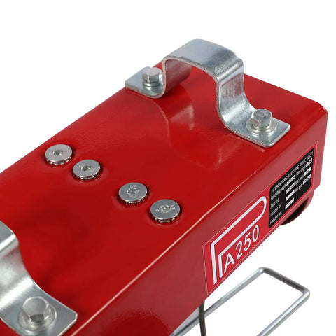 551 Lb Mini Electric Hoist With Emergency Stop Switch, 510 Watt Motor And Wired Control, compact red body and control buttons.