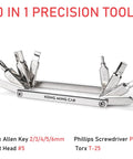 10-in-1 precision multitool with hex keys and screwdrivers, part of the Grab-And-Go 8-In-1 Bike Repair Kit With CO2 Inflator.