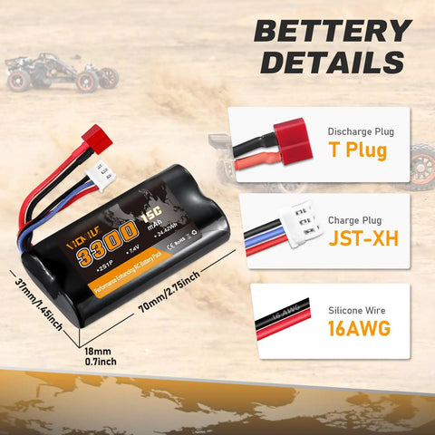 7.4V 3300mAh Li-Ion RC Battery With Dean-Style T Plug For WLtoys High Speed RC Cars 1/10 1/12 1/16, product specs visible