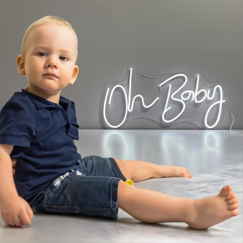 Neon Sign For Wall Decor With Dimmable Brightness And Reusable Light Up Message For Baby Shower, 'Oh Baby' cool white glow.