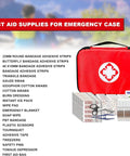 Red travel first aid kit bag with white cross logo; 300-piece car/home emergency medical set.