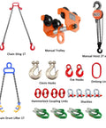 Adjustable Gantry Crane 1 Ton Portable Hoist Frame with various lifting components like trolleys, shackles, hooks and chains for 3300 lbs tested.
