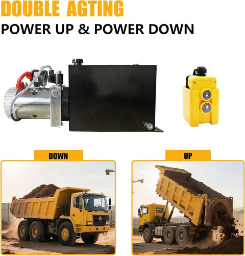 ParnicoTech 6 Quart Hydraulic Power Unit, 12V DC Single Acting Pump with steel reservoir for dump trailer operation.