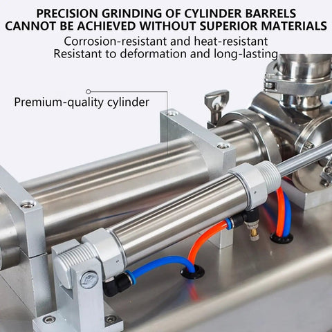 Close-up of the Smooth Operator Pneumatic Bottle Filler Machine With Heavy Gauge Stainless Steel Hopper and No Sweat Anti Drip Spout showing premium-quality cylinder.