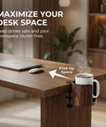 Two Pack Desk Cup Holder Clamp On No Tools Needed For 40oz Tumblers Anti Spill Fits Desks From 0.2 To 2 Inches Thick Easy Install Walnut Finish Great For Office Home Gaming showing mounted on desk with mug