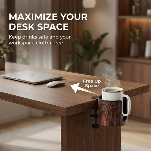 Two Pack Desk Cup Holder Clamp On No Tools Needed For 40oz Tumblers Anti Spill Fits Desks From 0.2 To 2 Inches Thick Easy Install Walnut Finish Great For Office Home Gaming showing mounted on desk with mug