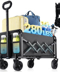 Heavy Duty Folding Wagon For All Terrain Use With 280 Lb Load Capacity Collapsible Utility Wagon On Wheels Beach Grocery Shopping Garden Camping Gear Cart Lightweight Yet Sturdy Portable Wagon With Wide Wheels Hauls Like A Beast loaded with travel gear and foldable design.