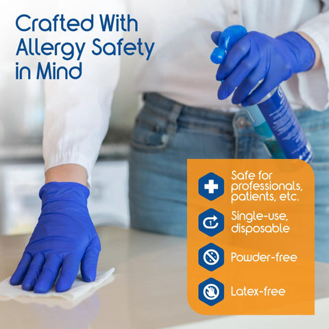 Person wearing cobalt blue nitrile disposable gloves powder free for medical exams cooking cleaning ambidextrous large durable protective latex free medical grade for clinic kitchen lab use box of 100 pack while cleaning a surface.